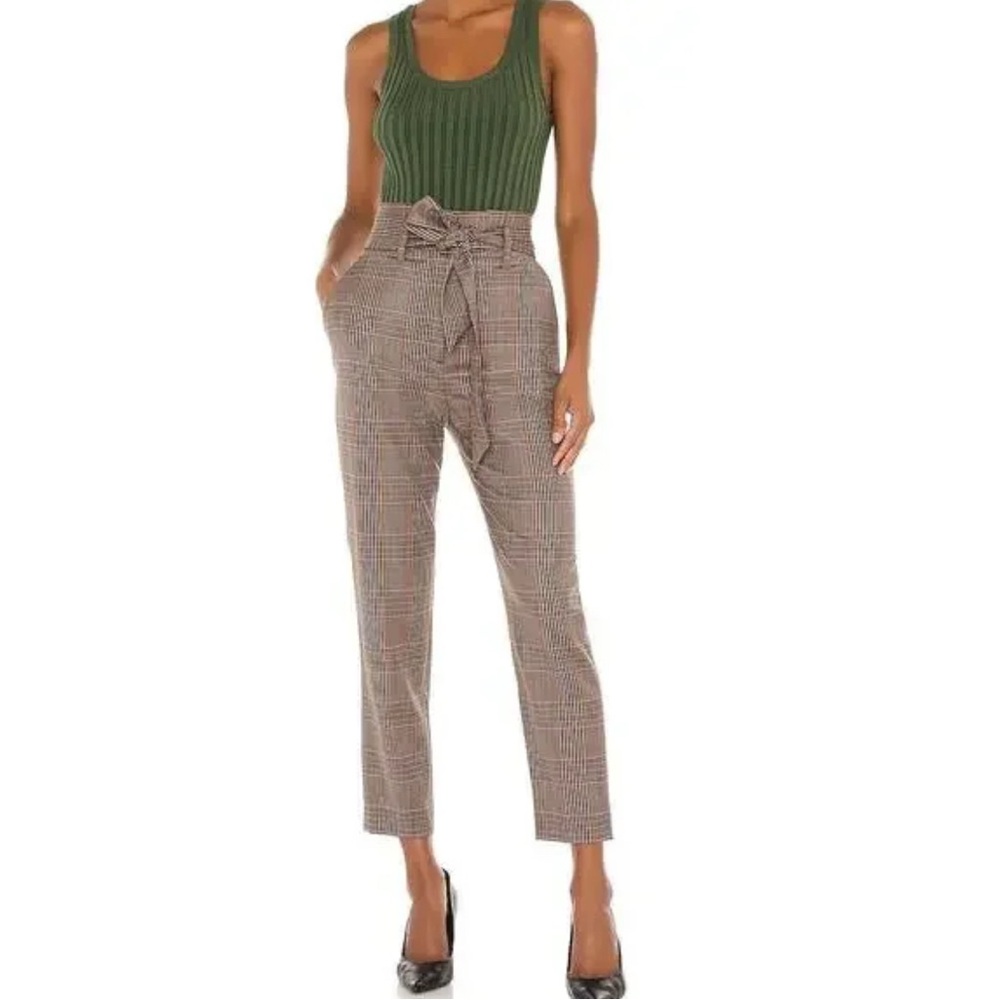 NWT Veronica Beard Clerence Pant Tweed Waist Tie Paperbag Plaid Brown Trouser